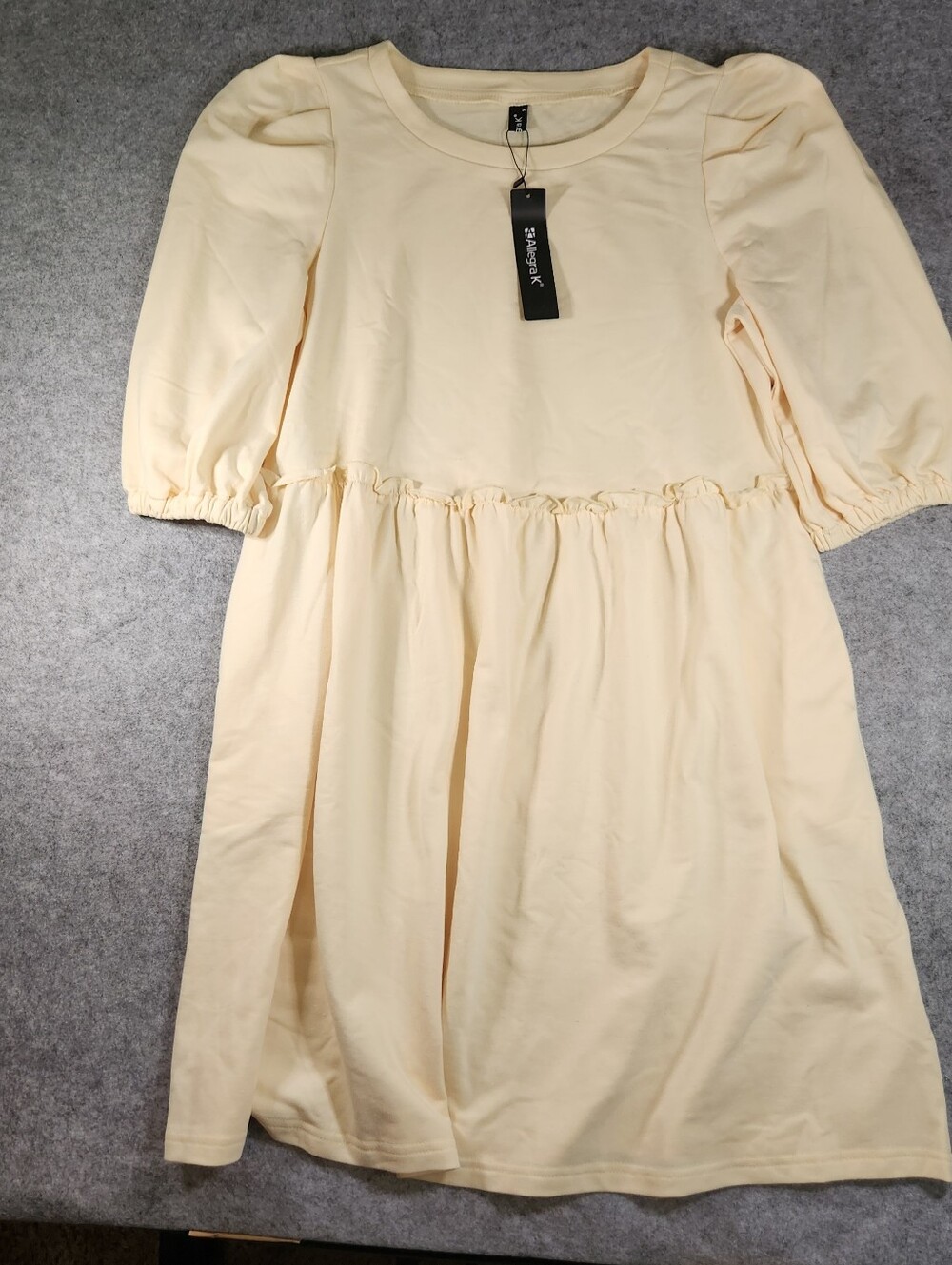 Alegra K Yellow Cream Puff-Sleeve Midi Dress with Gathered Waist Size Small